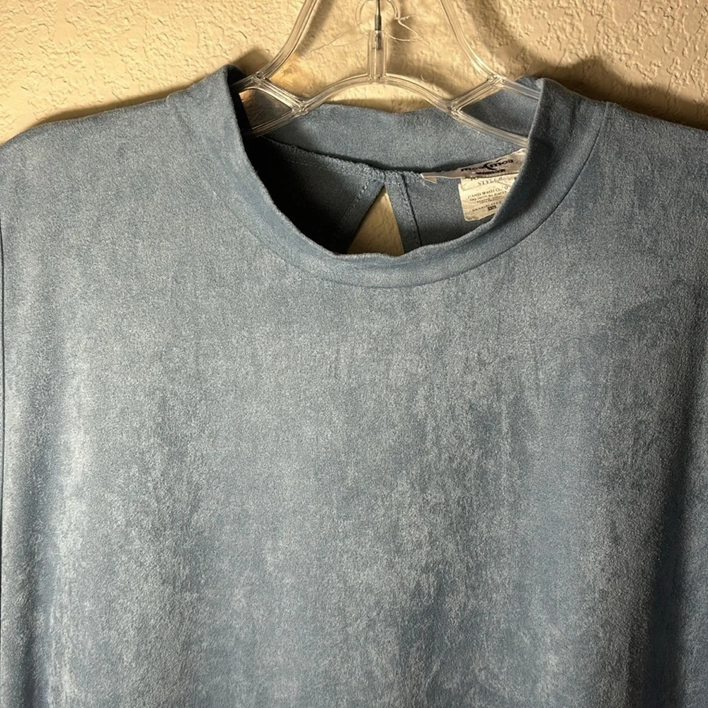 Dusty Blue Mock Neck, Scalloped, Suede, Midi Dress size 3X - Picture 3 of 11